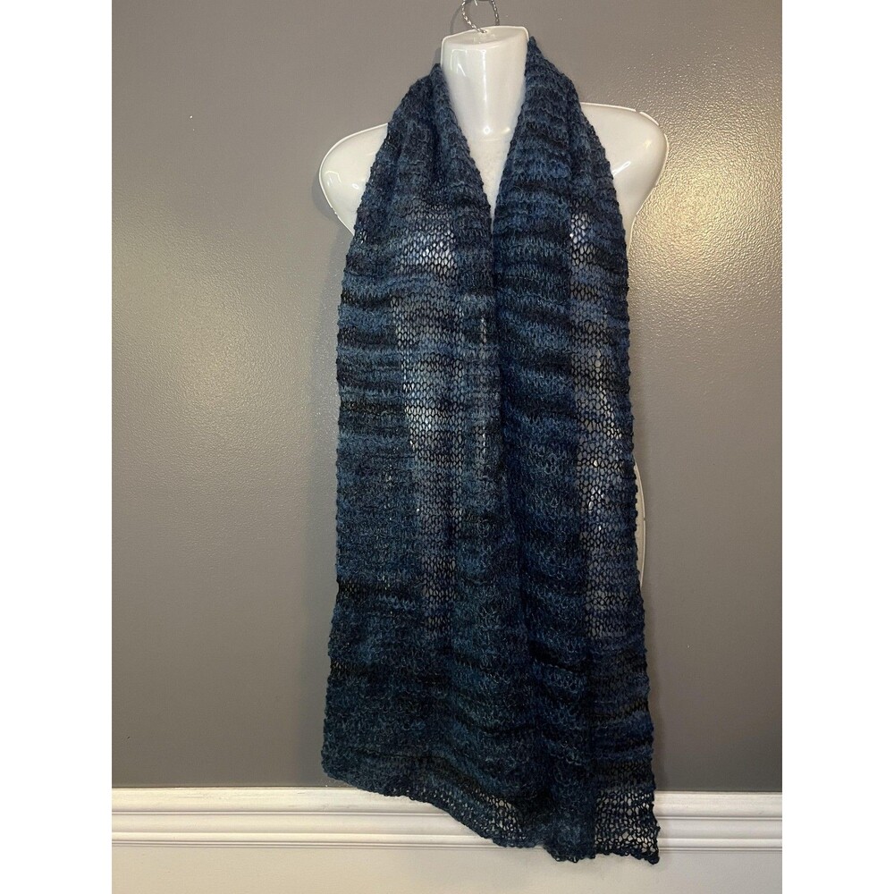 Handmade Knit Scarf Shawl Wrap Womens One Size Blue Black Ombre Open Knit Fuzzy